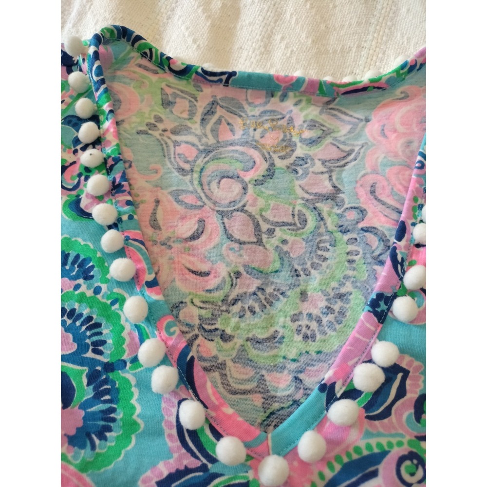 Lilly Pulitzer Etta Pom Pom V-Neck Dress Easy Peasy Blue White Cotton Medium - Picture 9 of 11